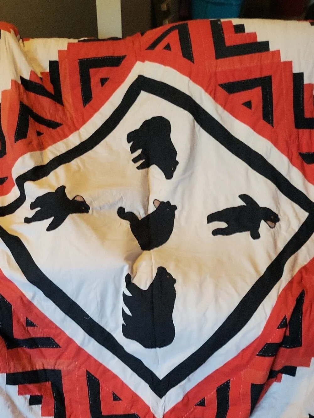 Red and Black Moose Patchwork Quilt With Bears On Reverse Side - Unbranded